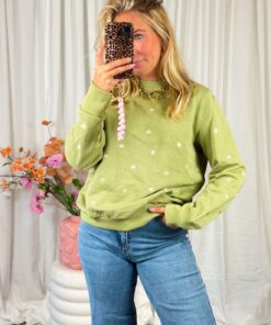 Groene Trui met Gouden Geborduurde Hartjes, 100% Katoenen Dames Trui