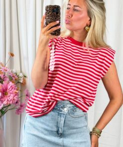 MOUWLOOS STREEP SHIRT ROZE MET SCHOUDER VULLING